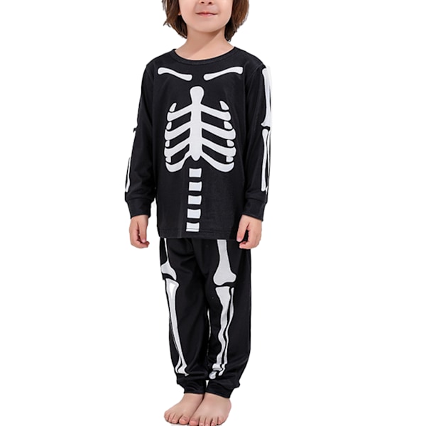 Halloween Pyjamas Set Skalle Skelett Grafiskt Tryck Polyesterfiber Svart Långärmad Pyjamas Set Svart BARN:6‑8ÅR