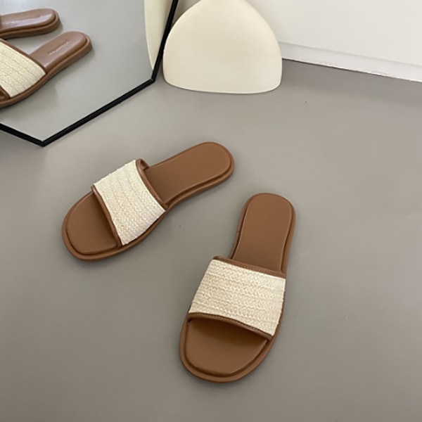 1 Par Vävda Tofflor Dam Retro Platt Botten Enkelrem Sandaler Fransk Nisch Sommarskor Ljusbrun Storlek 38