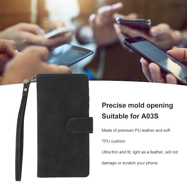Plånbok Flip Case Imitation Läder Skyddande Plånbok Case Korthållare med Dragkedja för A03S Svart