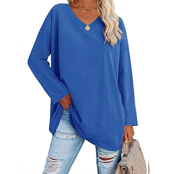 Dam Blus Långärmad Skjorta Enfärgad Tröja V-ringad Lös Fåll Casual Design Kungsblå M