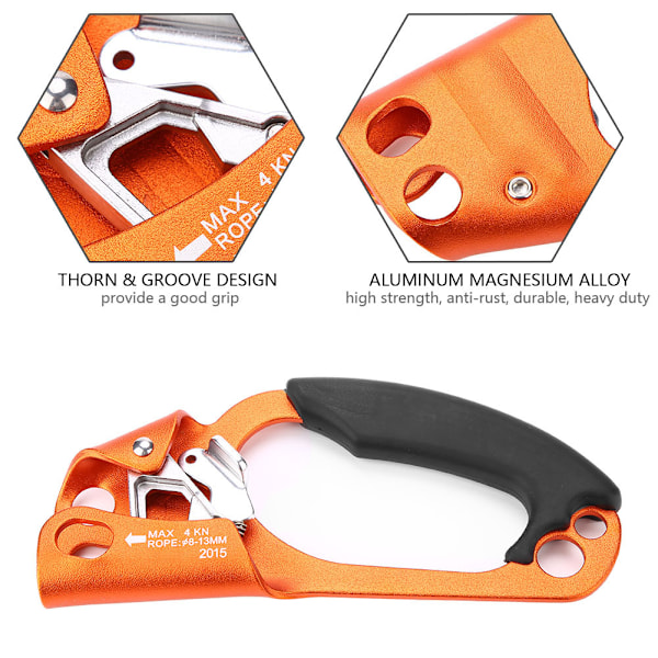 Højrehånds klatrereb håndtag klemme til 8mm-13mm reb klatring udstyr (orange)
