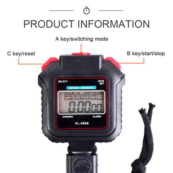 Stoppur med tid- och datumvisning, digital timer för tränare, atleter & domare med vattentät design