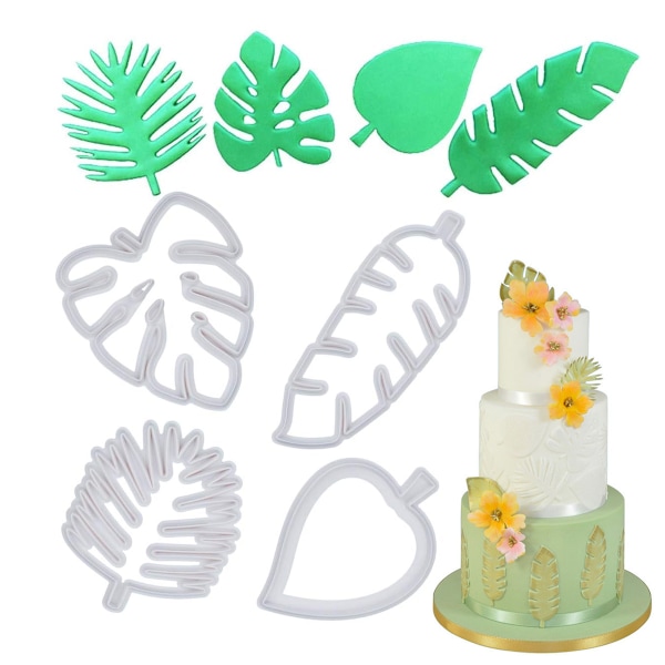 Tropiska Blad Kakformar Set För DIY Sommartema Eller Skogstema Tårta, 4 Olika Hawaiianska Palmblad Fondantformar Non-Stick Lätt Formning