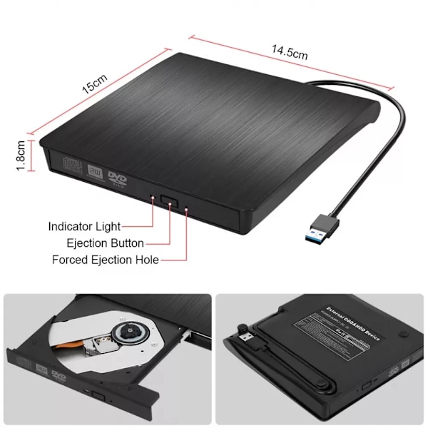 Professionell Extern CD/DVD-enhet, USB 3.0-gränssnitt för snabb dataöverföring, Plug & Play Portabel DVD/CD-brännare för brett utbud av enheter