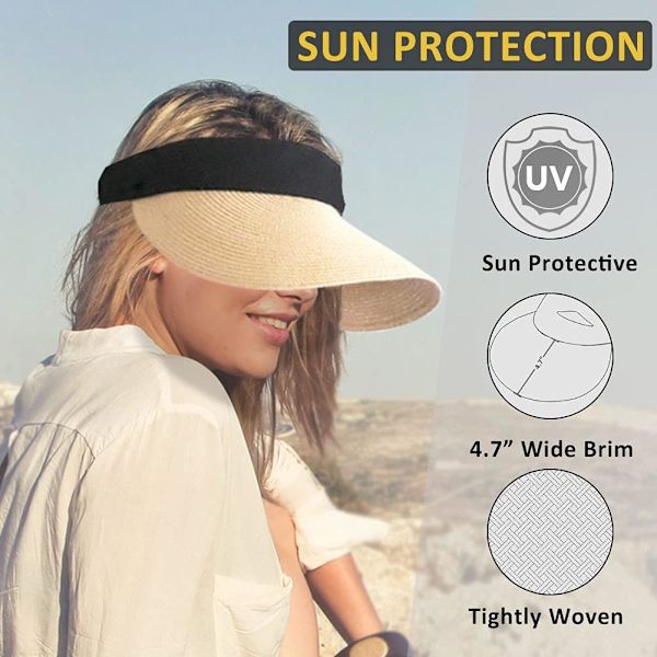 Kvinnors Halm Sol Visir Hatt Bred Brätte Sommar UV-skydd Strand