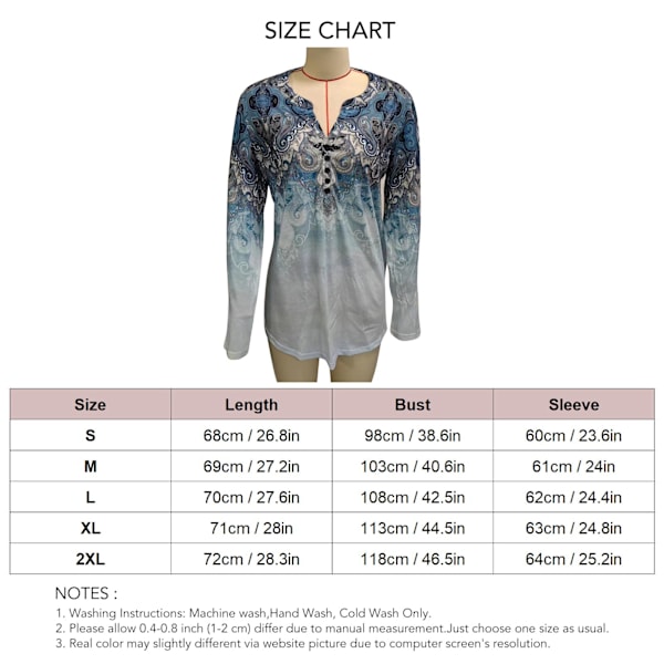 Dam Långärmad T-shirt V-ringad Knapp Fram Casual Elegant Lös Passform Pullover Topp Blå Mönster S