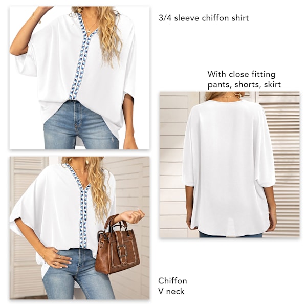 3/4 Ärm Chiffongskjorta V-ringad Tryckt Oversized Lös Passform Blus T-shirt för Kvinnor Sommar Vit XL