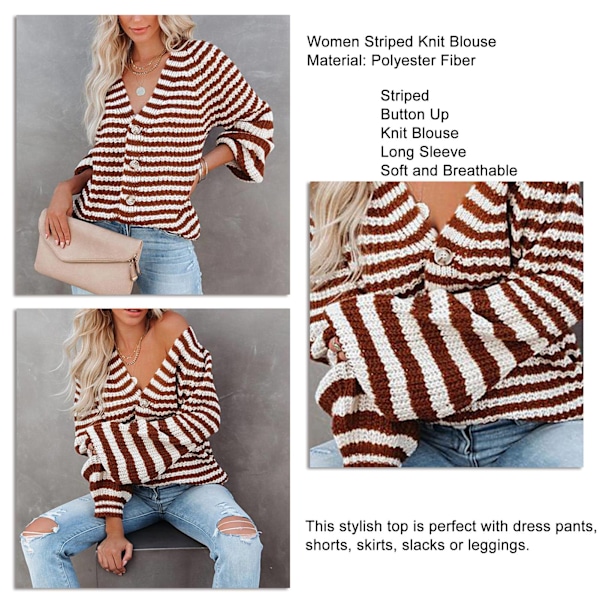 Damrandig Stickad Blus Knäppning V-ringad Stickad Topp Långärmad Casual Randig Blus Brun L