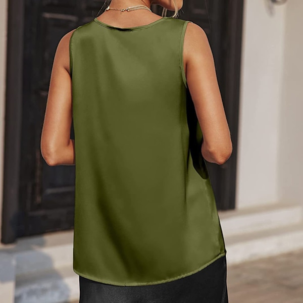 Dam V-ringad Tank Top Enfärgad Satinfinish Trendig Ärmlös Satin Enfärgad Topp Olivgrön XL
