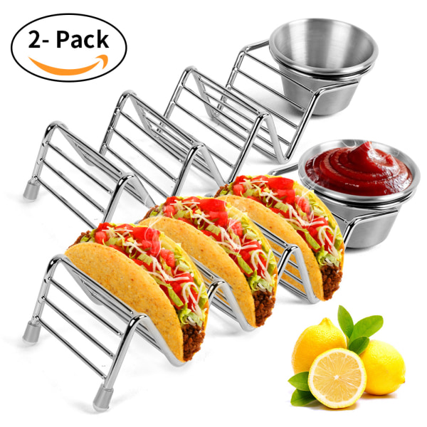 Glad tacohållare med salsakopp, 2-pack taco i rostfritt stål