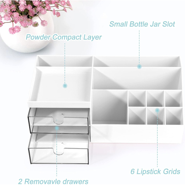Makeup Organizer, Makeup Opbevaring, Kosmetik Opbevaring med Skuffer til Skrivebordsarrangør, Makeup Organizer til Kommode, Soveværelse, Badeværelse Hvid
