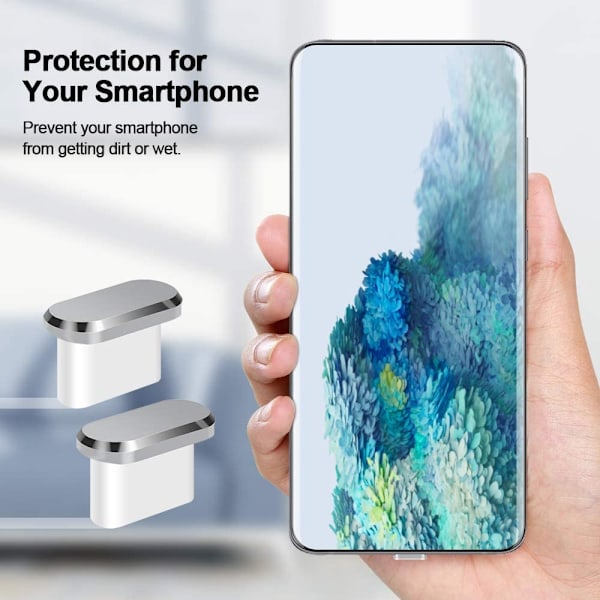 2-pack Typ-C Dammskyddsplugg, USB C Port Dammskydd, Anti-Dammplugg för Typ C Enheter Som Samsung/MacBook/VivoX5Pro/iPhone/ Micro USB /Android Silver