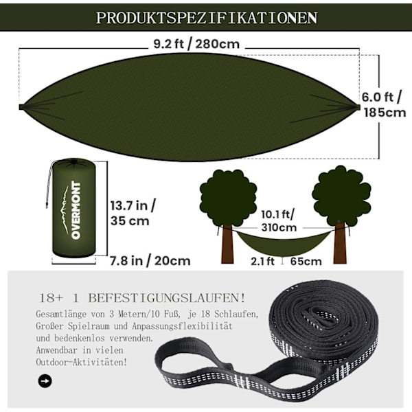 Hängmatta Camping med Regnskydd, Perfekt för Backpacking & Resor, Andningsbar 210T Nylon Spinning Säkerställer Komfort & Skydd, Lätt att Montera &