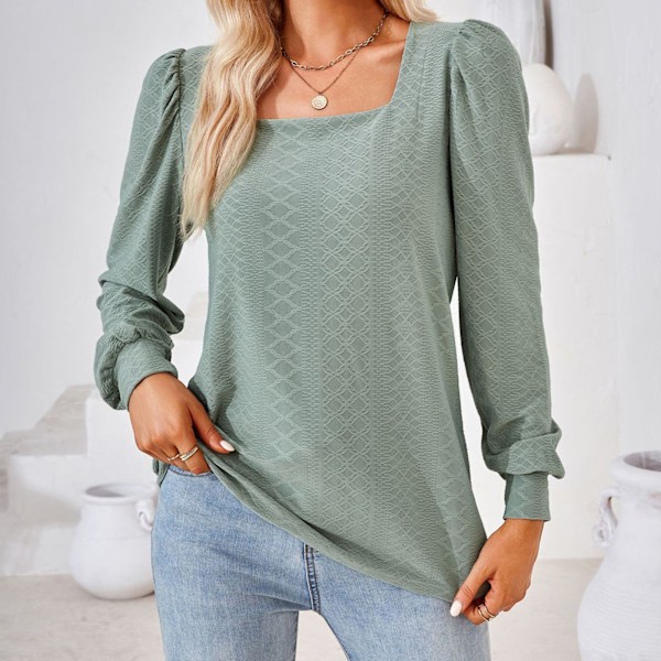 Dam Långärmad Puffärm T-shirt Låg Urringning Enfärgad Lös Passform Jacquard Blus Mörkgrön S