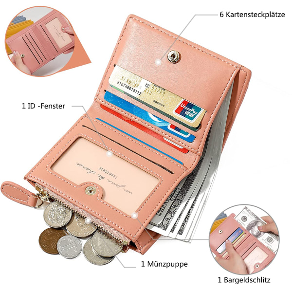 Kvinners lille og korte format, vegansk skinnutstyr for kvinner med trykk og glidelås og mange rom, lommebok for kvinner i veldig vakre farger