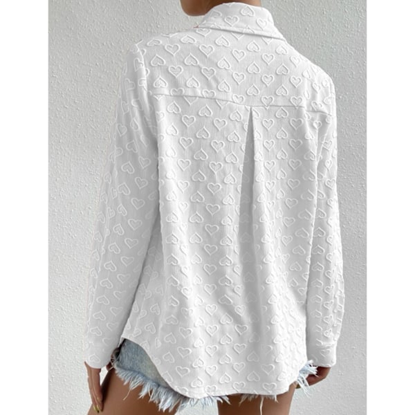 Dam Blus Knäppning Långärmad Kavaj Jacquard Elegant Enfärgad Skjorta med Fickor Vit M