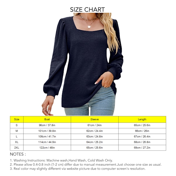 Dam Puffärm T-shirt Lös Enfärgad Skjorta Kvinnlig Långärmad Casual Topp Marinblå M