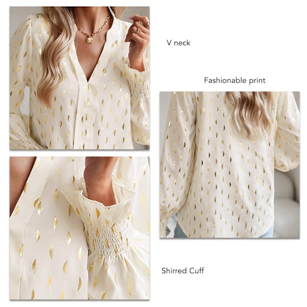 Dam Lång Puffärm Blus V-ringad Rynkad Manschett Gyllene Prickar Elegant Casual Pullover Topp Aprikos XL