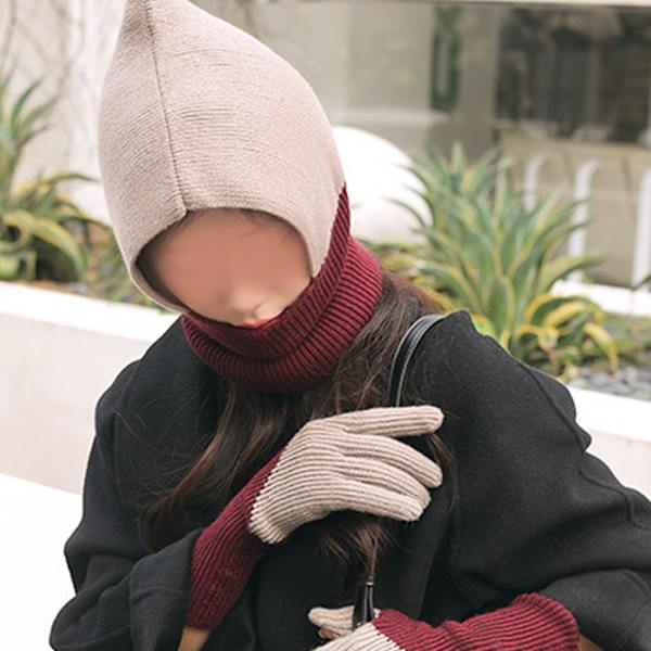 Stickad ull Dam Beanie Hat, Vintermössa Halsduk Mask Set, Dam