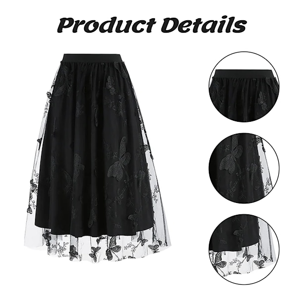 Midikjol, tylltryck, elastisk midja, broderad, svart, L INTL