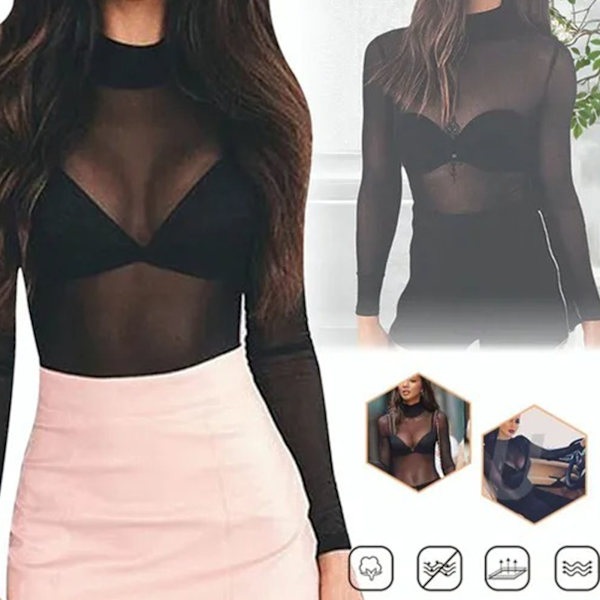 Dam Långärmad Mesh Topp Elegant Andningsbar Elastisk Slim Fit Genomskinlig Underdel Skjorta Blus