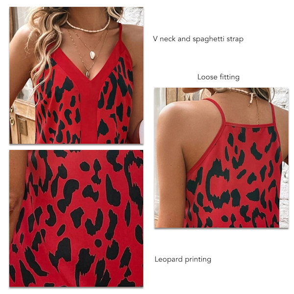 Dam V-ringad Tank Top Spaghettiband Leopardtryck Lös Passform Sommar Ärmlös Väst Röd XL