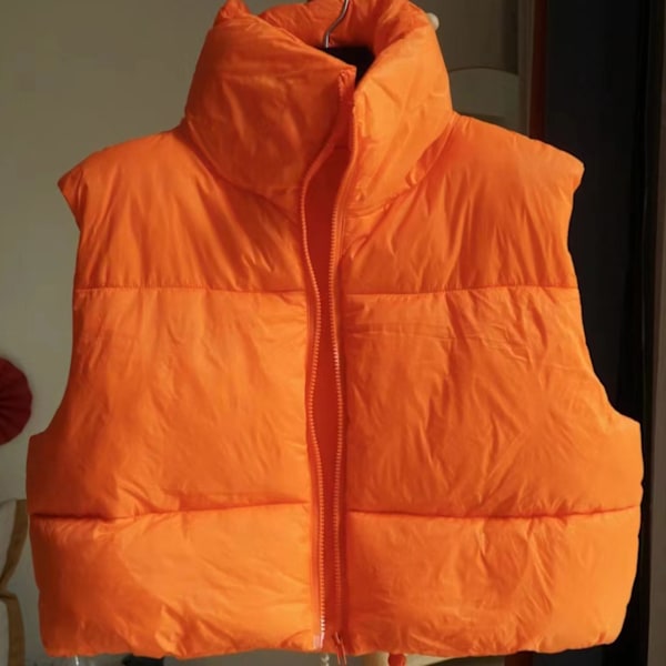 Dam Vinter Kort Väst Ståkrage Ärmlös Justerbar Dragsko Fåll Dragkedja Dam Varm Ytterkläder för Daglig Orange S