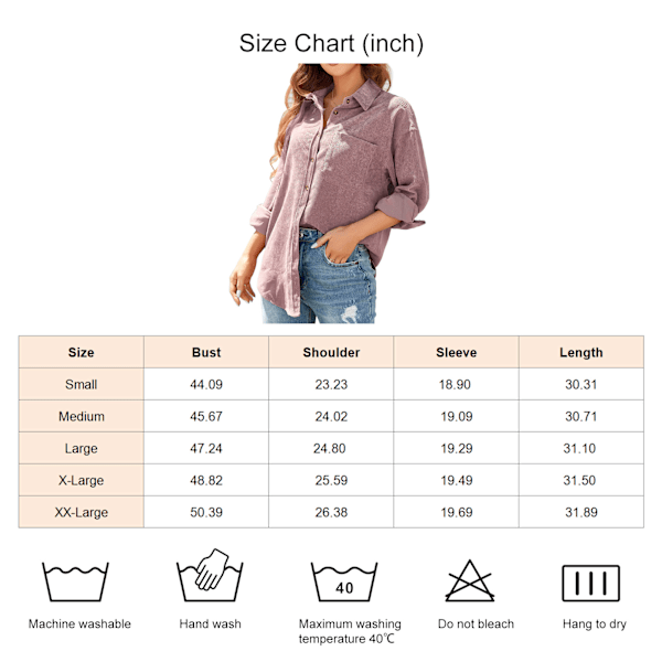 Naisten samettikangaspaita, löysä, rento, elegantti, yksivärinen, pitkähihainen, napillinen, taskullinen, vaaleanpunainen, L