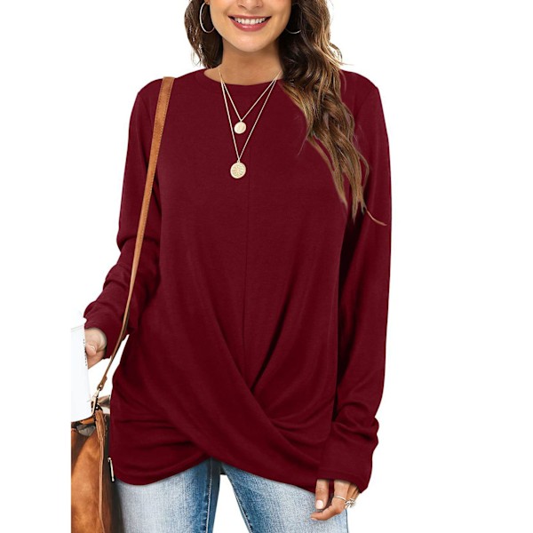 Blus Långärmad Rund Hals Enfärgad Twist Knut Casual Bekväma Toppar för Kvinnor Vinröd XL