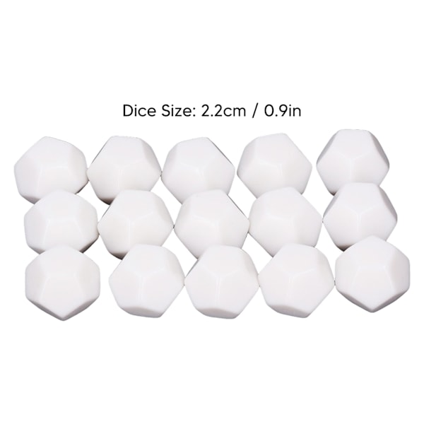 30 stk. 12-sidet tomme terninger i plast, skriv på terninger til undervisning, terningesæt i polyhedron til underholdning og undervisning, 2,2 cm, hvid