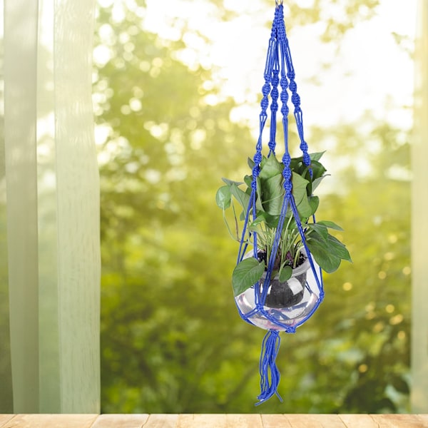Macrame växt hängare inomhus utomhus växt hållare för hängande krukväxter blommor (Blå)