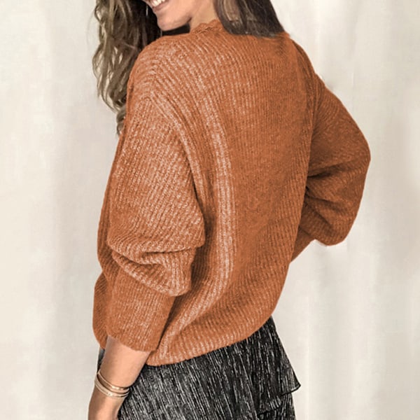 Dam Långärmad Tröja V-ringad Spetskant Lös Passform Knappdekor Enfärgad Pullover Stickad Topp Brun XXL