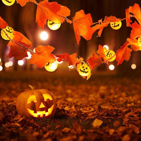 Vattentäta Utomhus Ljusslingor, Dekorativa Höstljusslingor för Thanksgiving & Halloween Dekor, Lönnlöv & Pumplampor med Varmvitt LED