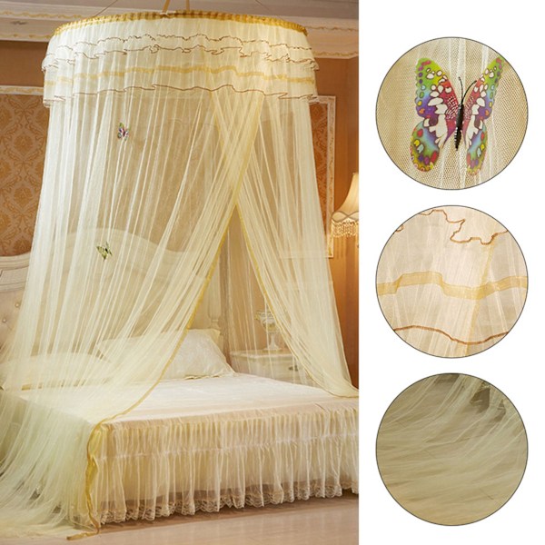 Pustemosjonerende rund baldakin blonder prinsesse stil myggnett seng gardin netting (Beige)