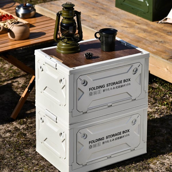 Sammenleggbar camping oppbevaringsboks med trelokk, sammenleggbar oppbevaringsboksbeholder med hjul for bilcamping piknik grå hvit