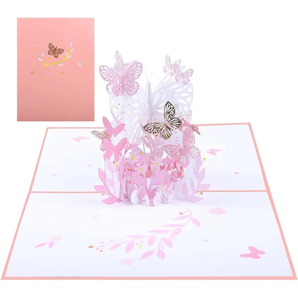 Rosa Födelsedags Pop Up-kort, Fjäril Blomma 3D Grattiskort för Kvinnor, Fru, Flicka, Dotter, Mors Dag, Alla Hjärtans Dag, Årsdag Style 1