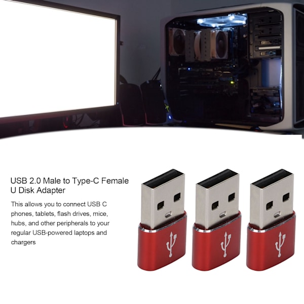 3-pack USB 2.0 Han till Typ-C Hon U-disk Adapter Metall USB till Typ-C Adapter för Laptop Mobiltelefon (Röd)