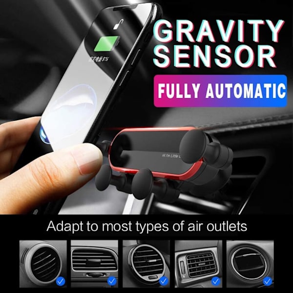 Gravitationsbilhållare för 4 till 6 tums smartphones, ventilationsfäste med automatiskt låsande armar för enhandsmanövrering, mycket kompatibel med iPhones, Samsung,