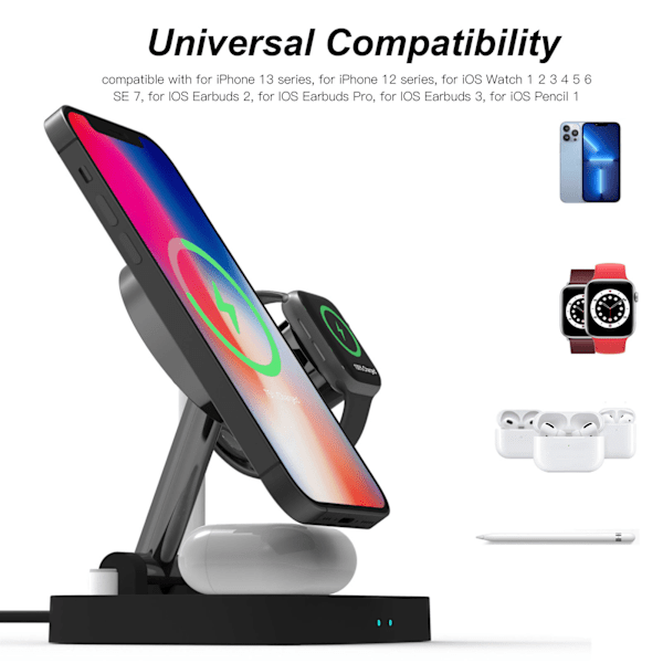 F22 4 i 1 trådløs ladestasjon Foldable Magnetic Wireless Charging Station for IPhone 12 Series Black