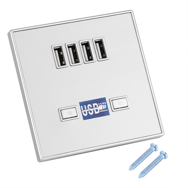 4-ports LED-lys USB-lader veggkontakt ladestasjon for byggeplasser 220V Sølv