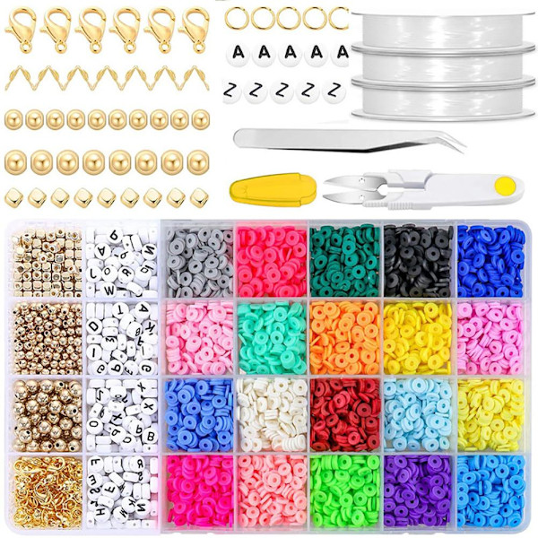 4000 stk. lerperler 20 farver flade runde lerperler med vedhængssæt 3 ruller elastiske snore til DIY smykkefremstilling armbånd halskæde
