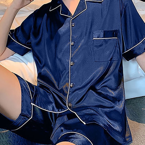 Herr Pyjamas Set Kortärmad Is Silke Skrynkelfri Andningsbar 2 Delar Topp Shorts Nattkläder för Hem Sovsal