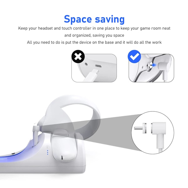 VR-opladningsstation til Oculus Quest 2 - Opladningsdock til Meta Quest 2 med 2 genopladelige batterier og USB C-kabel