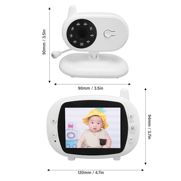 Babyalarm Video 3,5 tommer skærm Video Babyalarm med kamera med nattesyn 2-vejs lyd Vuggeviser EU-stik 100-240v