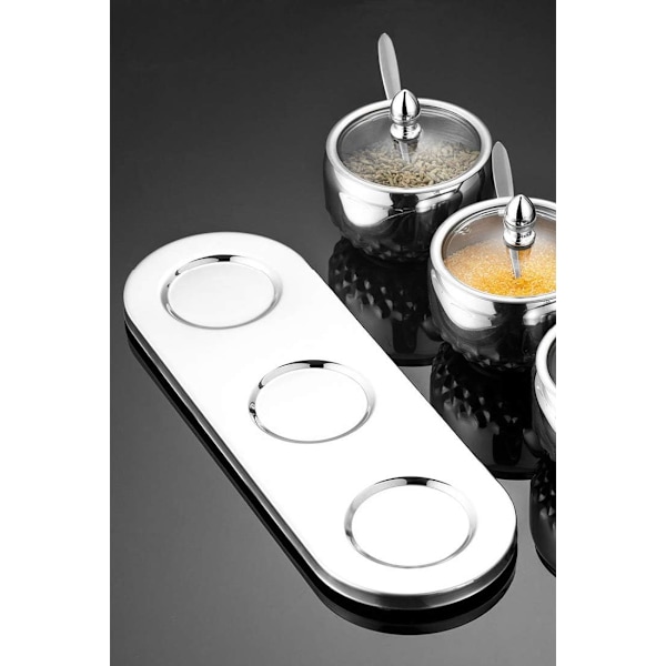 Modern Multipurpose Behållarset, Satinpolerad Spegelfinish Rostfria Kryddburkar, Halkfri Bricka för Säker Användning (3-Delars Set i Silver)