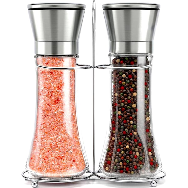 Elegant Salt- och pepparkvarnset i rostfritt stål, glasmaterial säkerställer färskmalda kryddor, portabel praktisk hylla, justerbar grovlek för