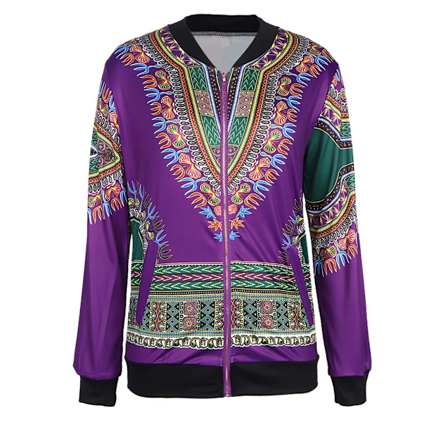 Snygg Dam Långärmad Etnisk Stil Tryck Jacka Casual Dragkedja Kappa Ytterkläder Lila XL