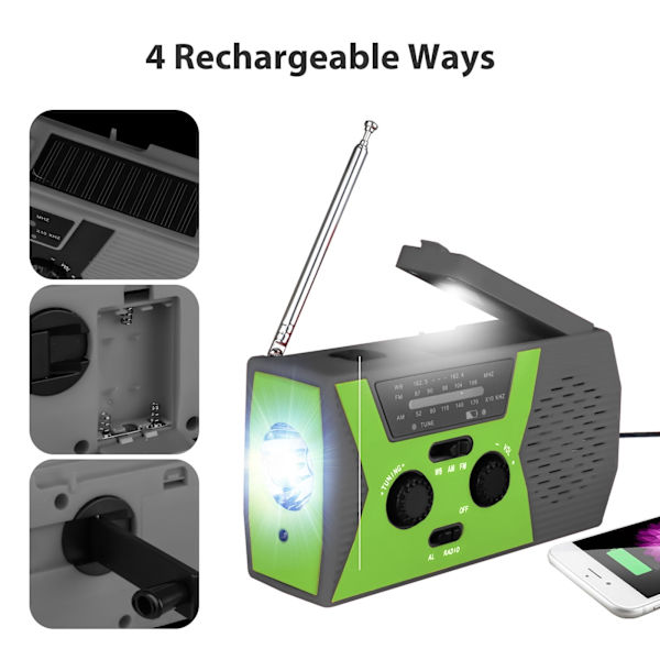 Nödhandvevradio med 3 LED-ficklampa, AM/FM/NOAA bärbar väderradio med 2000mAh Power Bank telefonladdare, solenergi USB
