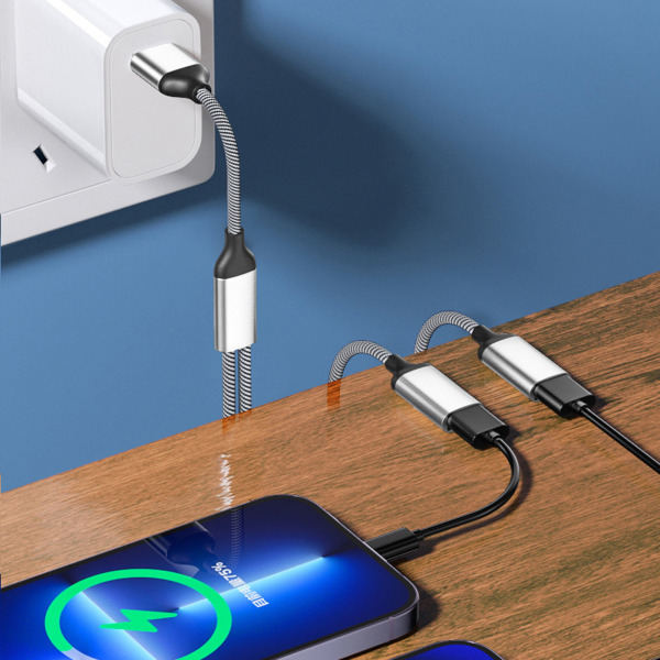 USB C till 2 USB C kabeladapter, Hörlurstyp C laddningsadapter, 480Mbps dataöverföring, 30cm
