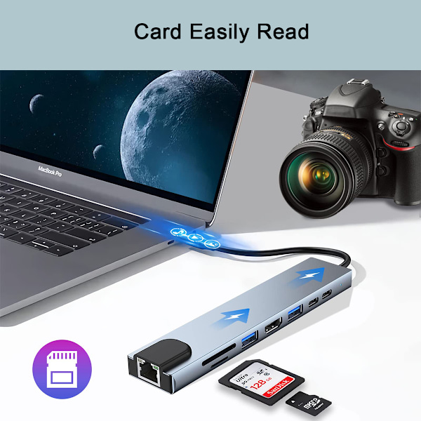Multifunktionell USB C Hubb, 4K HDMI-adapter för MacBook Pro, Chromebook och mer, med Ethernet 100M, PD-laddning, SD-kortläsare, TF-kortplats,